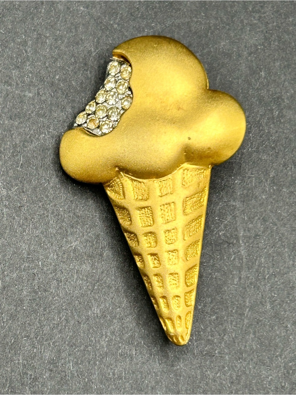 VTG L. Razza Matte Gold Ice Cream Cone Brooch Rhinestone Scoop